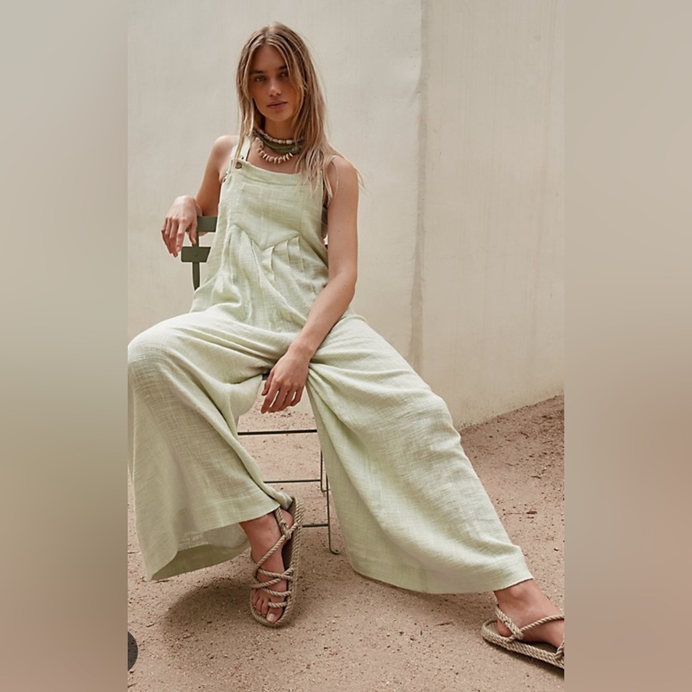 Free People Light Lime Sun Drenched Wide Leg Overalls  Size Small